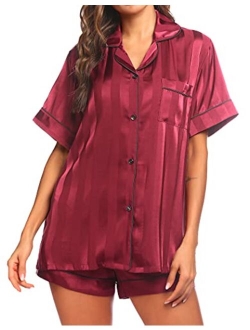 Satin Pajamas Women's Short Sleeve Sleepwear Soft Silk Button Down Loungewear Pjs Shorts Set S-XXL