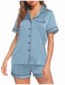 Satin Pajamas Women's Short Sleeve Sleepwear Soft Silk Button Down Loungewear Pjs Shorts Set S-XXL