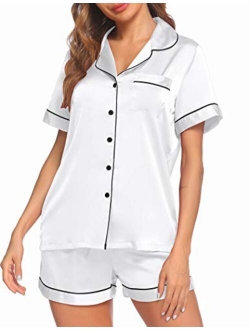 Satin Pajamas Women's Short Sleeve Sleepwear Soft Silk Button Down Loungewear Pjs Shorts Set S-XXL