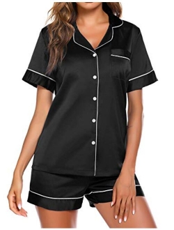 Satin Pajamas Women's Short Sleeve Sleepwear Soft Silk Button Down Loungewear Pjs Shorts Set S-XXL