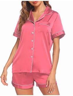 Satin Pajamas Women's Short Sleeve Sleepwear Soft Silk Button Down Loungewear Pjs Shorts Set S-XXL