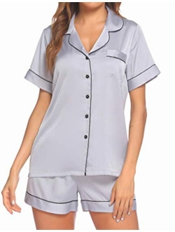 Satin Pajamas Women's Short Sleeve Sleepwear Soft Silk Button Down Loungewear Pjs Shorts Set S-XXL