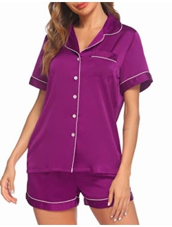 Satin Pajamas Women's Short Sleeve Sleepwear Soft Silk Button Down Loungewear Pjs Shorts Set S-XXL