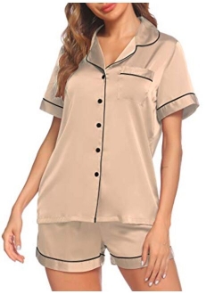 Satin Pajamas Women's Short Sleeve Sleepwear Soft Silk Button Down Loungewear Pjs Shorts Set S-XXL