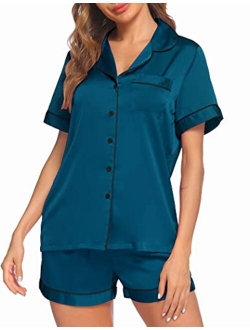 Satin Pajamas Women's Short Sleeve Sleepwear Soft Silk Button Down Loungewear Pjs Shorts Set S-XXL