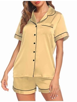 Satin Pajamas Women's Short Sleeve Sleepwear Soft Silk Button Down Loungewear Pjs Shorts Set S-XXL