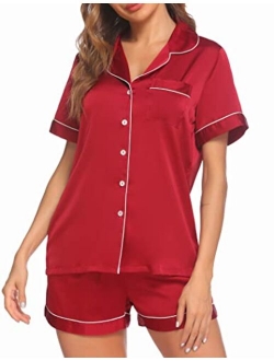 Satin Pajamas Women's Short Sleeve Sleepwear Soft Silk Button Down Loungewear Pjs Shorts Set S-XXL