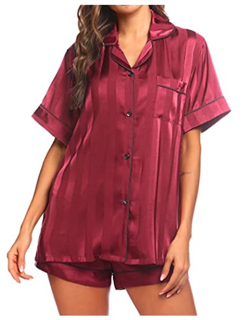 Ekouaer Satin Pajamas Women's Short Sleeve Sleepwear Soft Silk Button Down Loungewear Pjs Shorts Set S-XXL