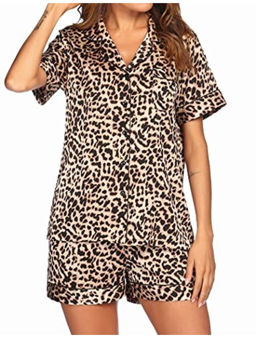 Ekouaer Satin Pajamas Women's Short Sleeve Sleepwear Soft Silk Button Down Loungewear Pjs Shorts Set S-XXL