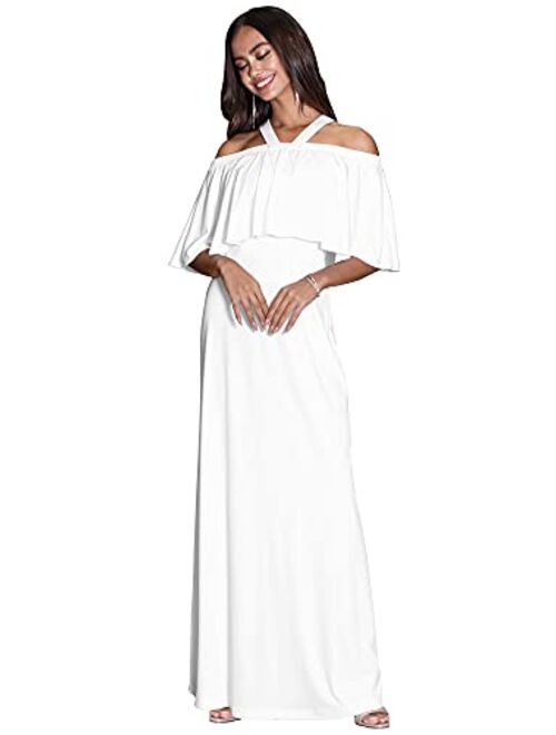 KOH KOH Womens Off Shoulder Casual Maternity Flowy Summer Tube Maternity Maxi Dress