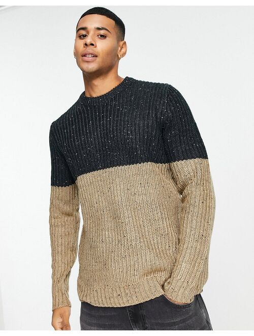 Only & Sons chunky knitted sweater in two tone navy and beige