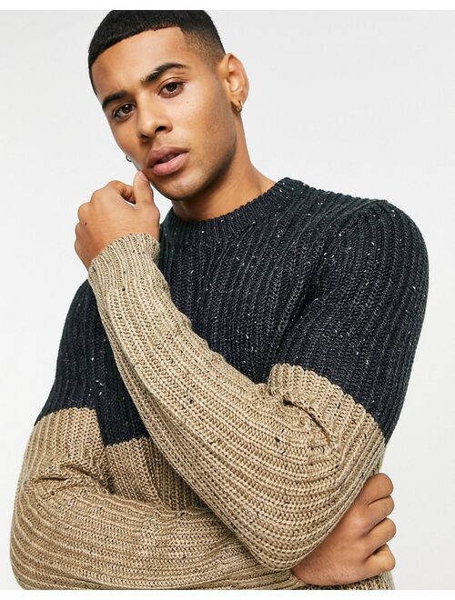 Only & Sons chunky knitted sweater in two tone navy and beige