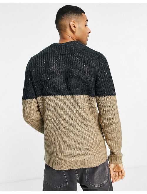 Only & Sons chunky knitted sweater in two tone navy and beige