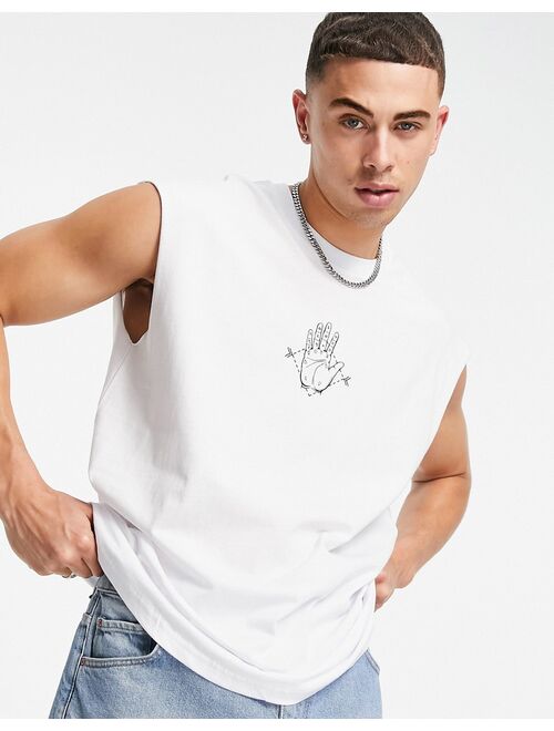 Only & Sons oversize tank with palmistry back print in white