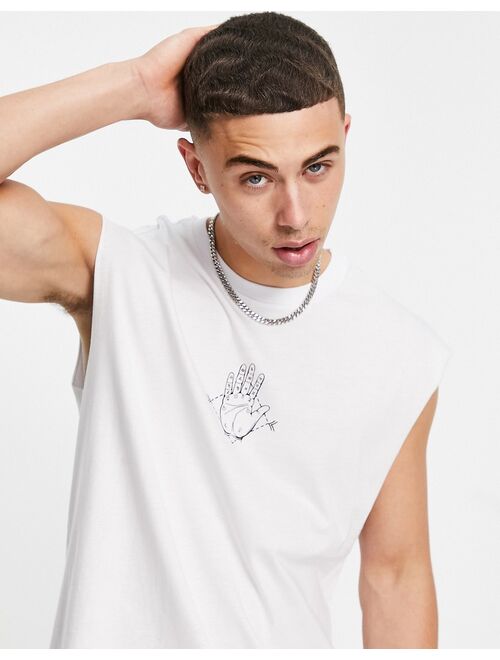 Only & Sons oversize tank with palmistry back print in white