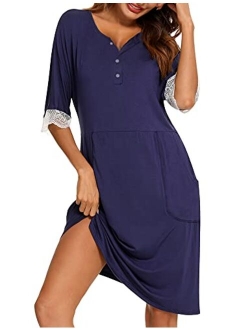 LOLLO VITA Women Nightgowns Long Sleeve Soft Sleepwear Button Down Nightshirt House Dress Breastfeeding with Pockets