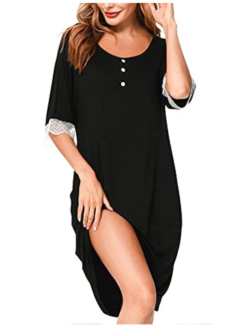 LOLLO VITA Women Nightgowns Long Sleeve Soft Sleepwear Button Down Nightshirt House Dress Breastfeeding with Pockets