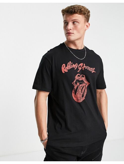 Only & Sons oversized band t-shirt with Rolling Stones print in black