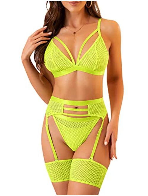 Popiv Women's 4 Pieces Exotic Lingerie Set Strappy Fishnet Lingerie Lace Bra and Panty Sets High Waisted Mesh Underwear