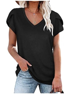 LOLLO VITA Women's Shirts Petal Sleeve V Neck Summer T-Shirts Short Sleeve Tops Casual Loose Tee Tunic