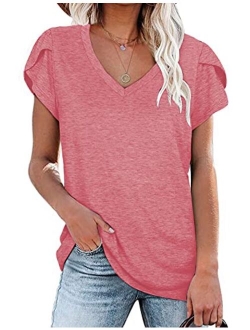 LOLLO VITA Women's Shirts Petal Sleeve V Neck Summer T-Shirts Short Sleeve Tops Casual Loose Tee Tunic