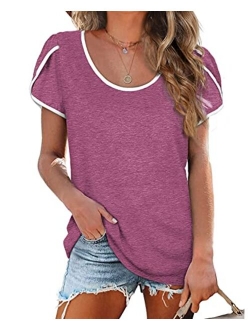 LOLLO VITA Women's Shirts Petal Sleeve V Neck Summer T-Shirts Short Sleeve Tops Casual Loose Tee Tunic