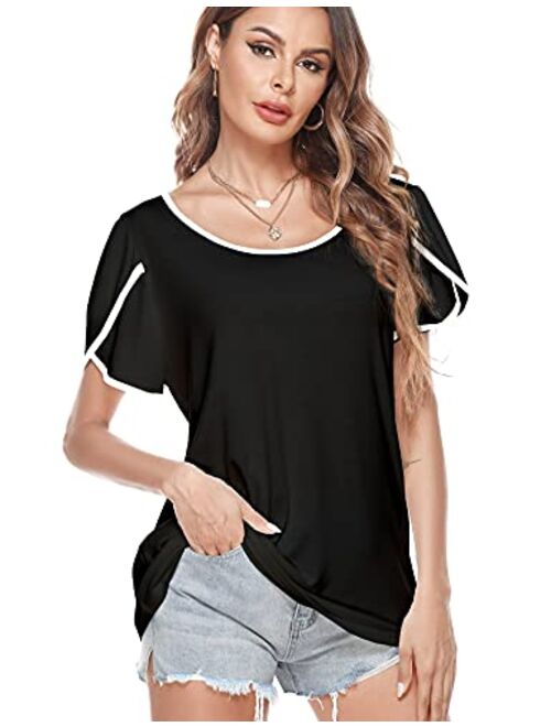 LOLLO VITA Women's Shirts Petal Sleeve V Neck Summer T-Shirts Short Sleeve Tops Casual Loose Tee Tunic