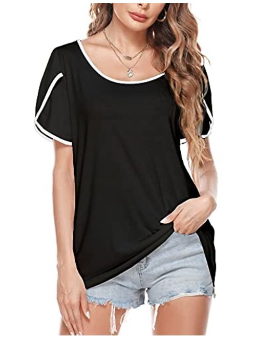 LOLLO VITA Women's Shirts Petal Sleeve V Neck Summer T-Shirts Short Sleeve Tops Casual Loose Tee Tunic