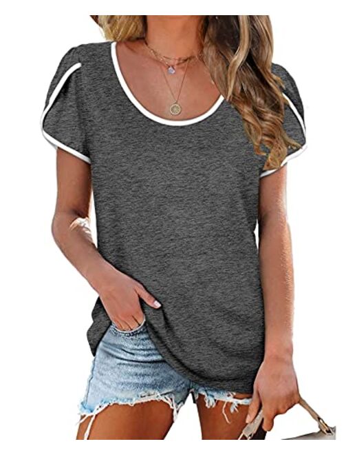 LOLLO VITA Women's Shirts Petal Sleeve V Neck Summer T-Shirts Short Sleeve Tops Casual Loose Tee Tunic