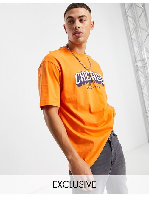 Only & Sons oversized T-shirt with Chicago print in orange Exclusive to ASOS