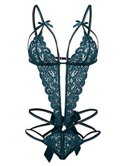 Donnalla Women's Deep V Lace Teddy One Piece Lingerie Cutout Strappy Lingerie