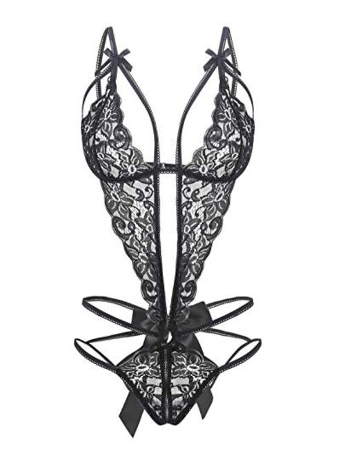 Donnalla Women's Deep V Lace Teddy One Piece Lingerie Cutout Strappy Lingerie