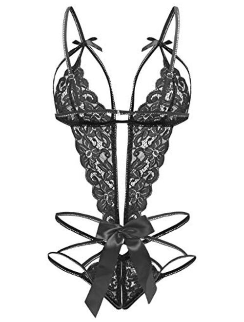 Donnalla Women's Deep V Lace Teddy One Piece Lingerie Cutout Strappy Lingerie