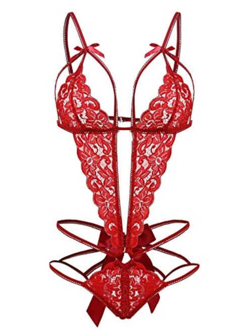 Donnalla Women's Deep V Lace Teddy One Piece Lingerie Cutout Strappy Lingerie