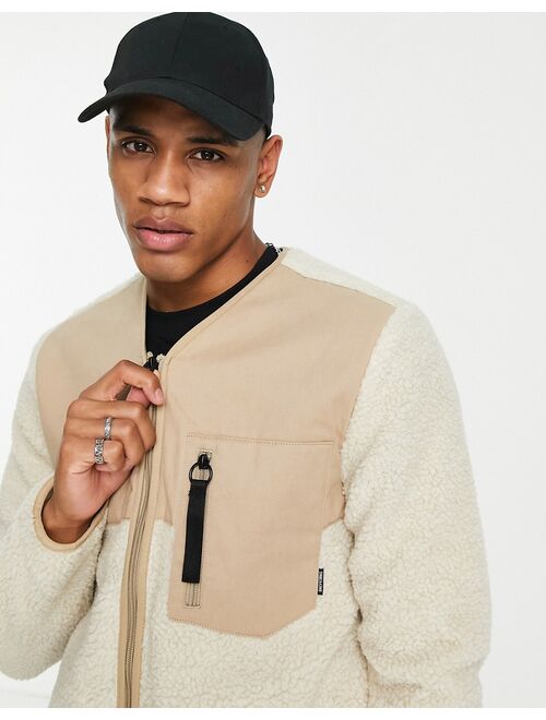 Only & Sons zip through borg jacket with chest pocket in beige