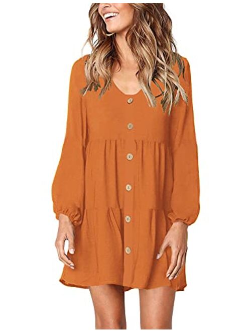 LOLLO VITA Women's V Neck Long Sleeve Shift Tunic Dress Button Down Swing Shift Dress with Pockets