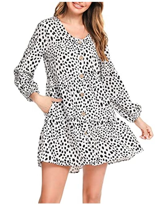 LOLLO VITA Women's V Neck Long Sleeve Shift Tunic Dress Button Down Swing Shift Dress with Pockets