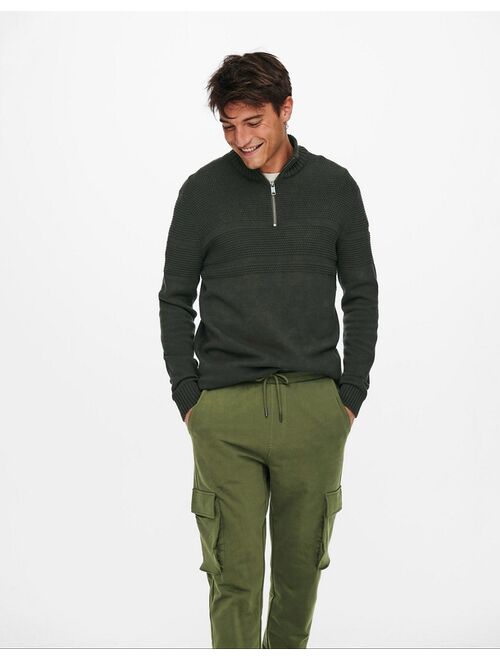 Only & Sons textured sweater with quarter zip in khaki