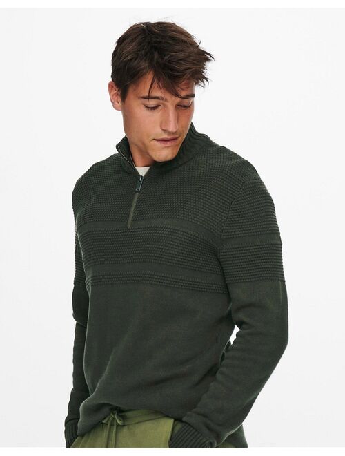 Only & Sons textured sweater with quarter zip in khaki