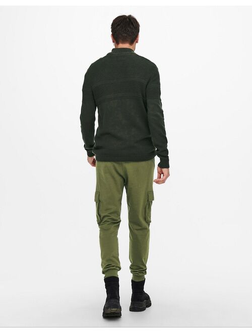 Only & Sons textured sweater with quarter zip in khaki