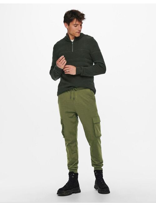 Only & Sons textured sweater with quarter zip in khaki