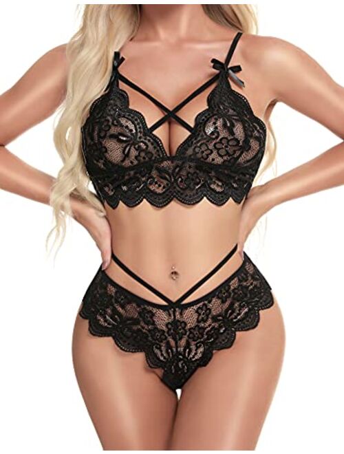 klier Women Sexy Lingerie Set Lace Bra and Panty Sets 2 Piece Strappy Babydoll Bodysuit