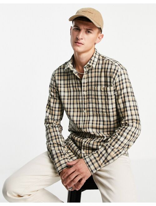 Only & Sons textured check shirt with button chest pocket in beige