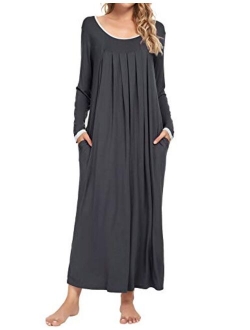 LOLLO VITA Women's Long Sleeve Nightgown Full Length Sleepwear Comfy Bamboo Pajamas Pleated Round Neck Maternity Sleepdress