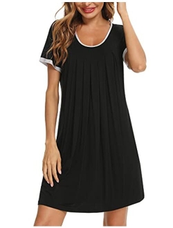 LOLLO VITA Women's Long Sleeve Nightgown Full Length Sleepwear Comfy Bamboo Pajamas Pleated Round Neck Maternity Sleepdress