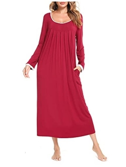 LOLLO VITA Women's Long Sleeve Nightgown Full Length Sleepwear Comfy Bamboo Pajamas Pleated Round Neck Maternity Sleepdress