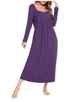 LOLLO VITA Women's Long Sleeve Nightgown Full Length Sleepwear Comfy Bamboo Pajamas Pleated Round Neck Maternity Sleepdress