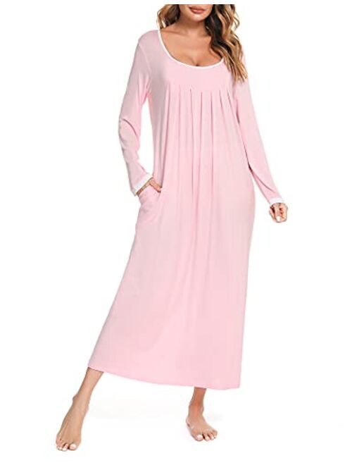 LOLLO VITA Women's Long Sleeve Nightgown Full Length Sleepwear Comfy Bamboo Pajamas Pleated Round Neck Maternity Sleepdress