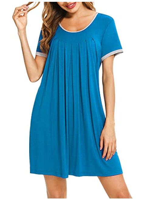 LOLLO VITA Women's Long Sleeve Nightgown Full Length Sleepwear Comfy Bamboo Pajamas Pleated Round Neck Maternity Sleepdress