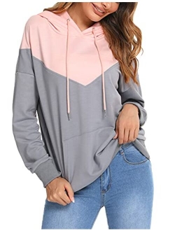 LOLLO VITA Long Sleeve Hoodies for Women Pullover Color Block Tops Drawstring Hooded Sweatshirt with Pocket